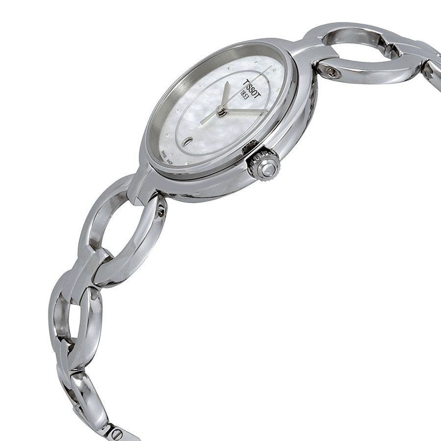Tissot T Trend Flamingo watch angled view showing case profile and steel bracelet