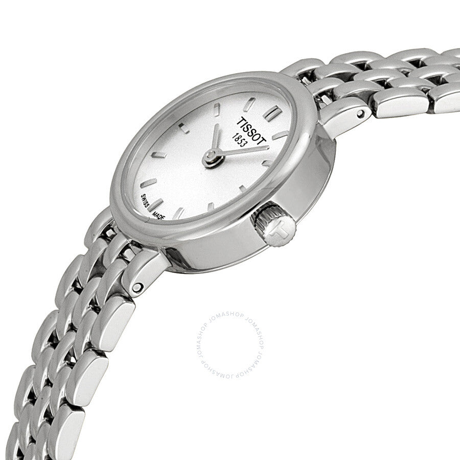 Side angle view of Tissot T-Trend Lovely watch showing case and integrated bracelet