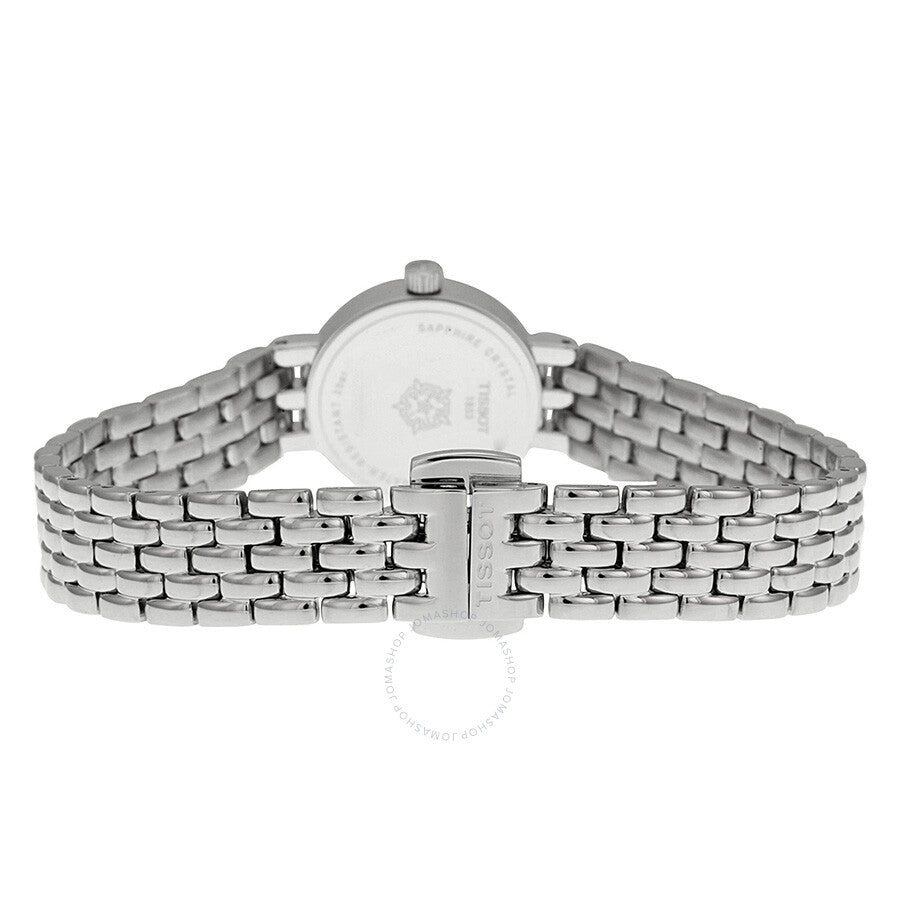Caseback view of Tissot T-Trend Lovely watch showing stainless steel bracelet