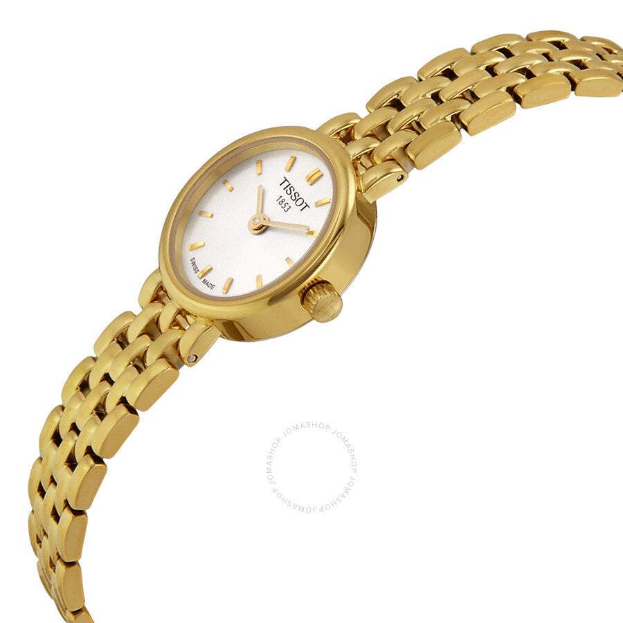 Angled view of Tissot T-Trend Lovely ladies watch showing silver dial and gold bracelet