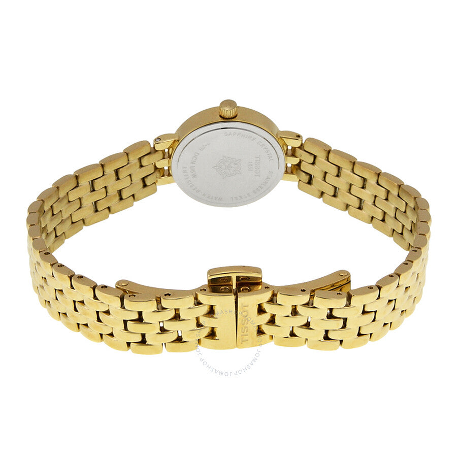 Caseback view of Tissot T-Trend Lovely ladies watch with gold-tone bracelet