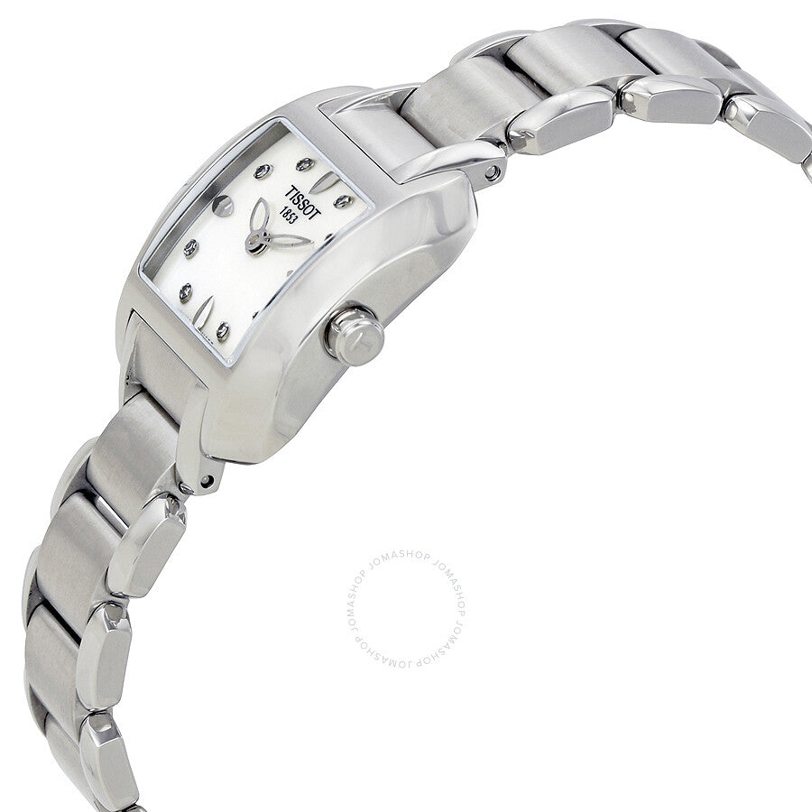 Tissot T-Wave angled view showing white mother of pearl dial and stainless steel bracelet