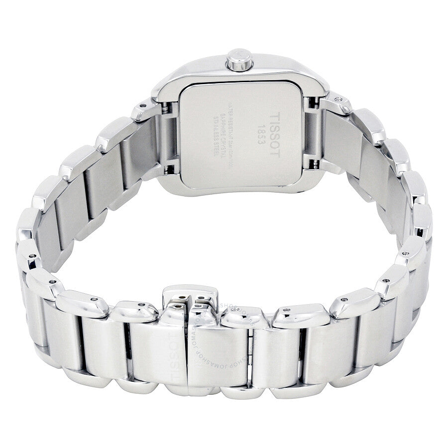 Tissot T-Wave caseback showing stainless steel rectangular case and bracelet detail