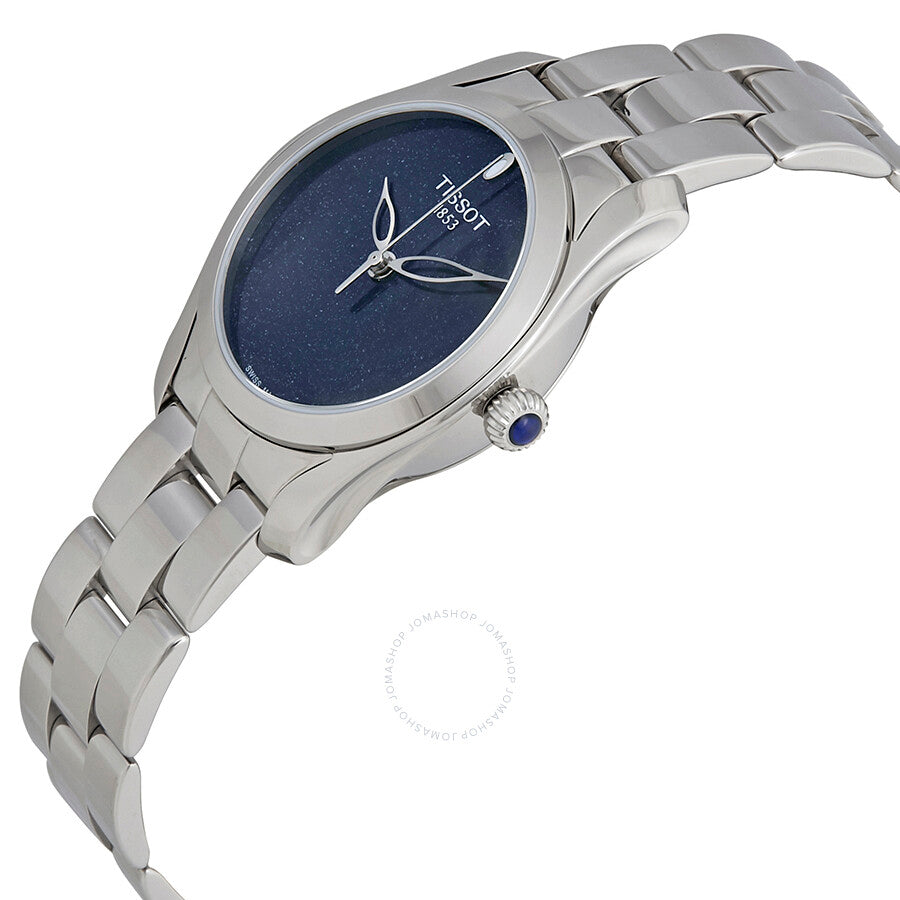 Tissot T-Wave II ladies watch angled view showing blue dial and steel bracelet
