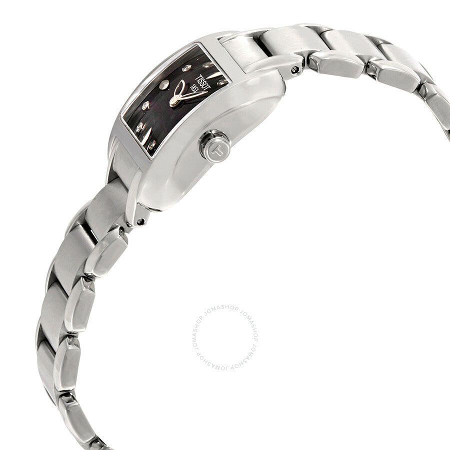 Tissot T-Wave ladies watch angle view showing square case profile and side bracelet