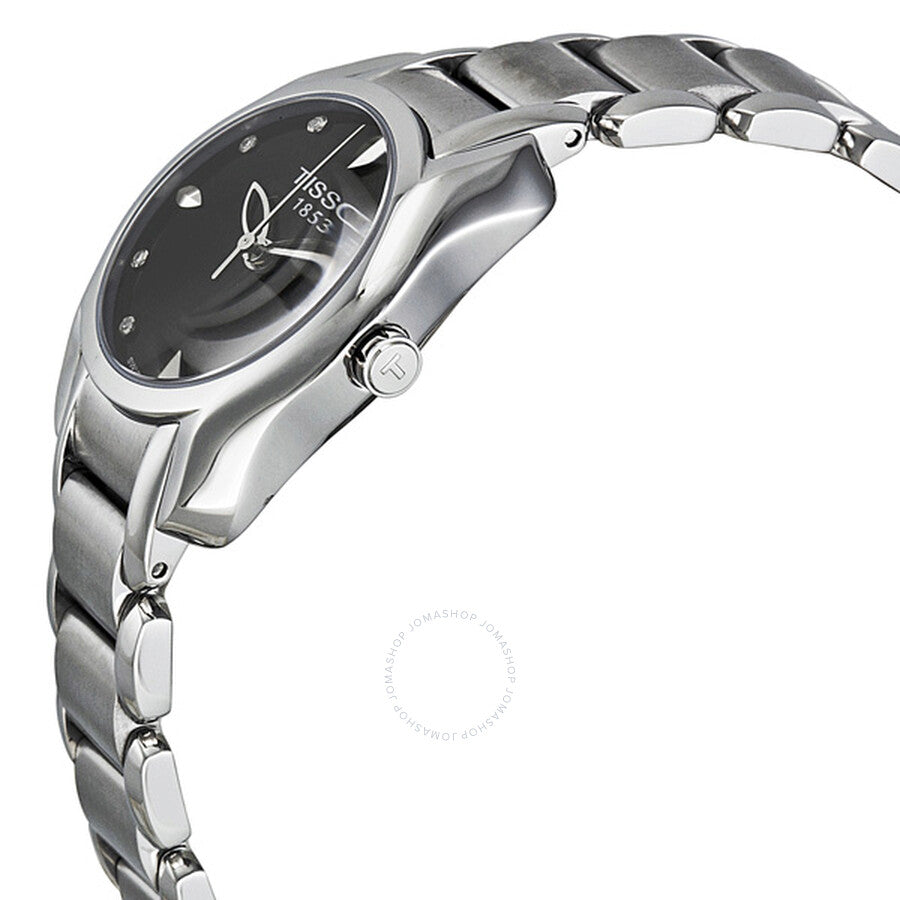 Side angle view of Tissot T-Wave with black dial and steel link bracelet
