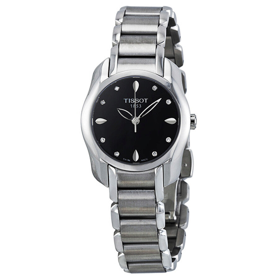 Tissot T-Wave ladies watch with black dial and diamond markers on steel bracelet
