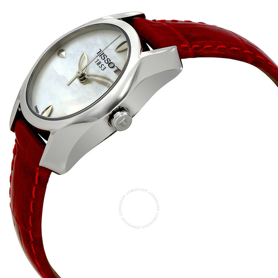 Tissot T-Wave watch angled view showing stainless steel case and red leather strap