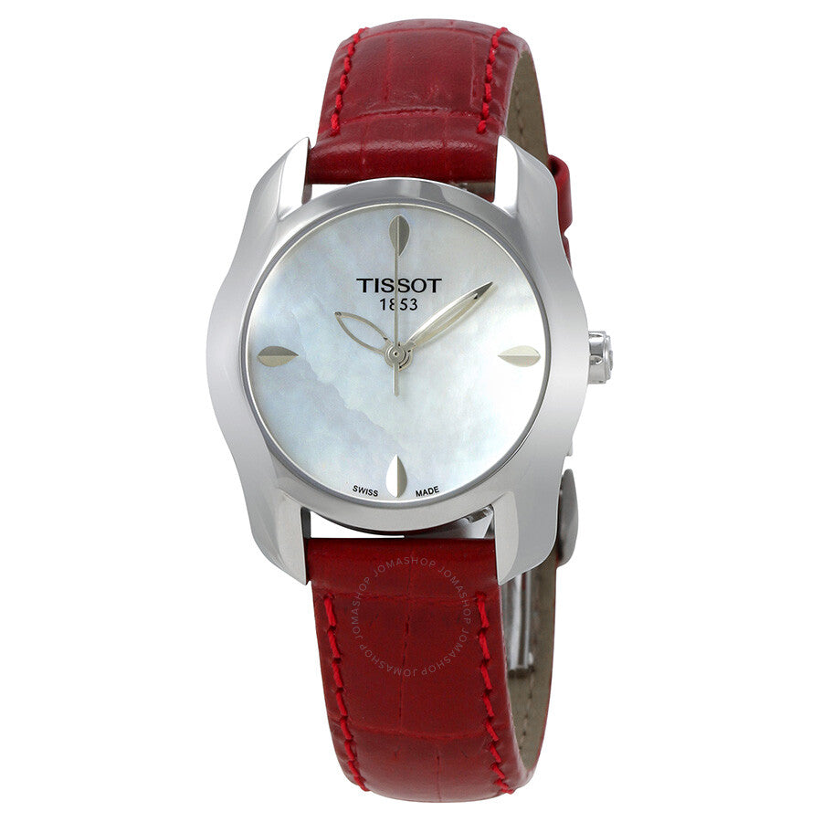 Tissot T-Wave ladies watch with mother of pearl dial and red leather strap