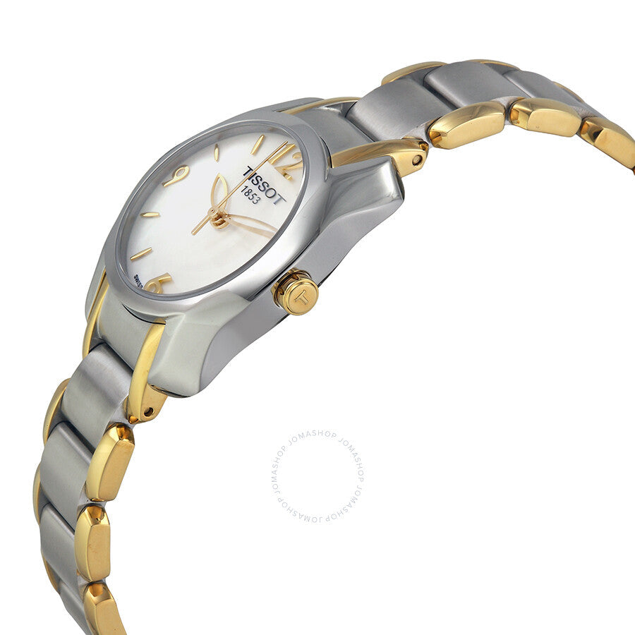 Angled view of Tissot T-Wave watch showing steel and gold two-tone bracelet and case