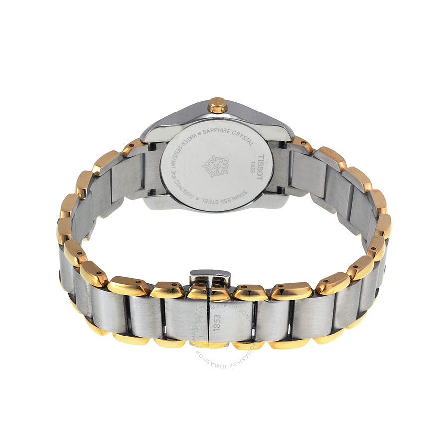 Caseback view of Tissot T-Wave ladies watch with sapphire crystal and steel bracelet