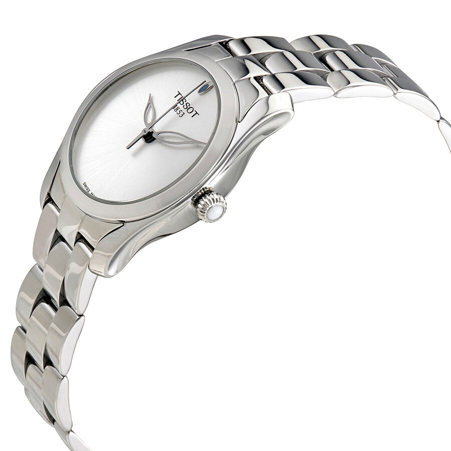 Tissot T-Wave ladies watch shown at angle with stainless steel bracelet