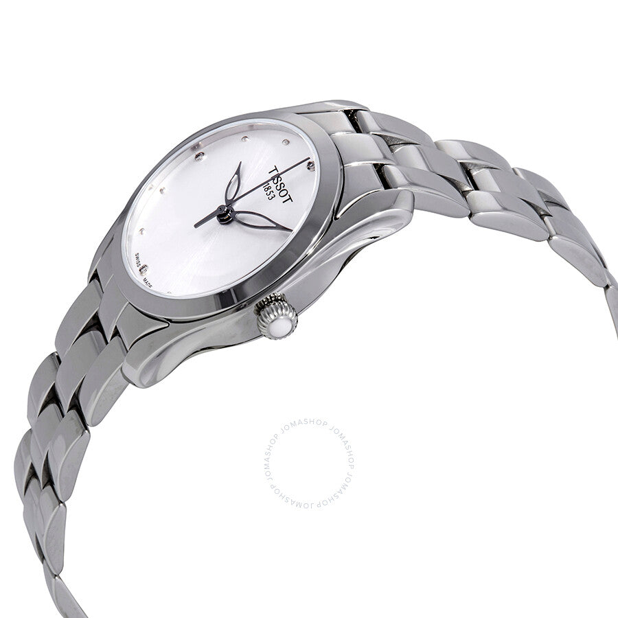 Tissot T-Wave ladies watch from side angle showing diamond hour markers and steel bracelet