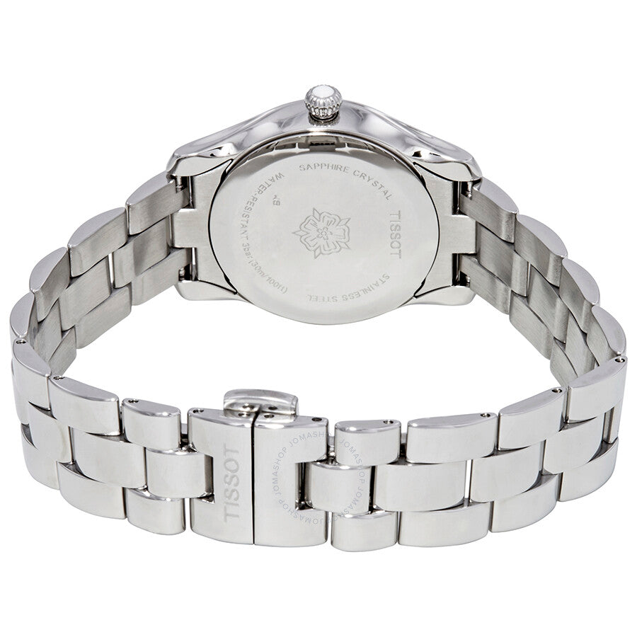 Tissot T-Wave ladies watch caseback showing stainless steel band and screw-down case