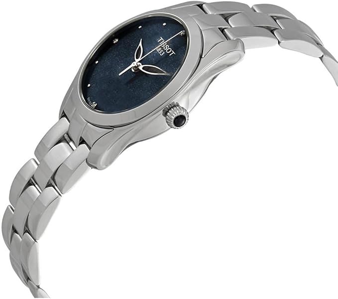 Tissot T-Wave watch shown from side angle with blue dial and steel strap