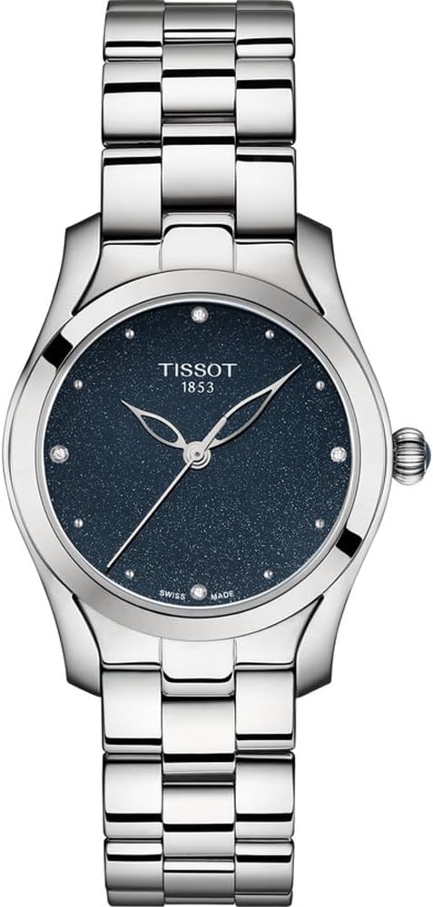 Tissot T-Wave ladies watch with blue dial, steel case, and steel bracelet