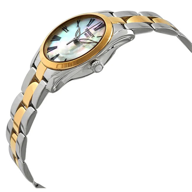 Tissot T-Wave ladies watch angle view showing mother-of-pearl dial and two-tone bracelet