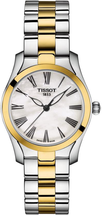 Tissot T-Wave quartz ladies watch with white MOP dial and two-tone bracelet, front view