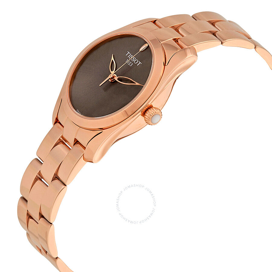 Tissot T-Wave watch angled view showing anthracite dial and rose gold bracelet