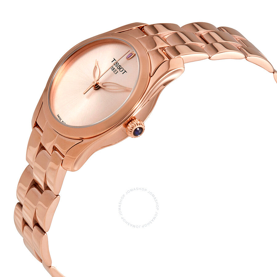 Side angle view of Tissot T-Wave ladies watch showing cream dial and rose gold bracelet