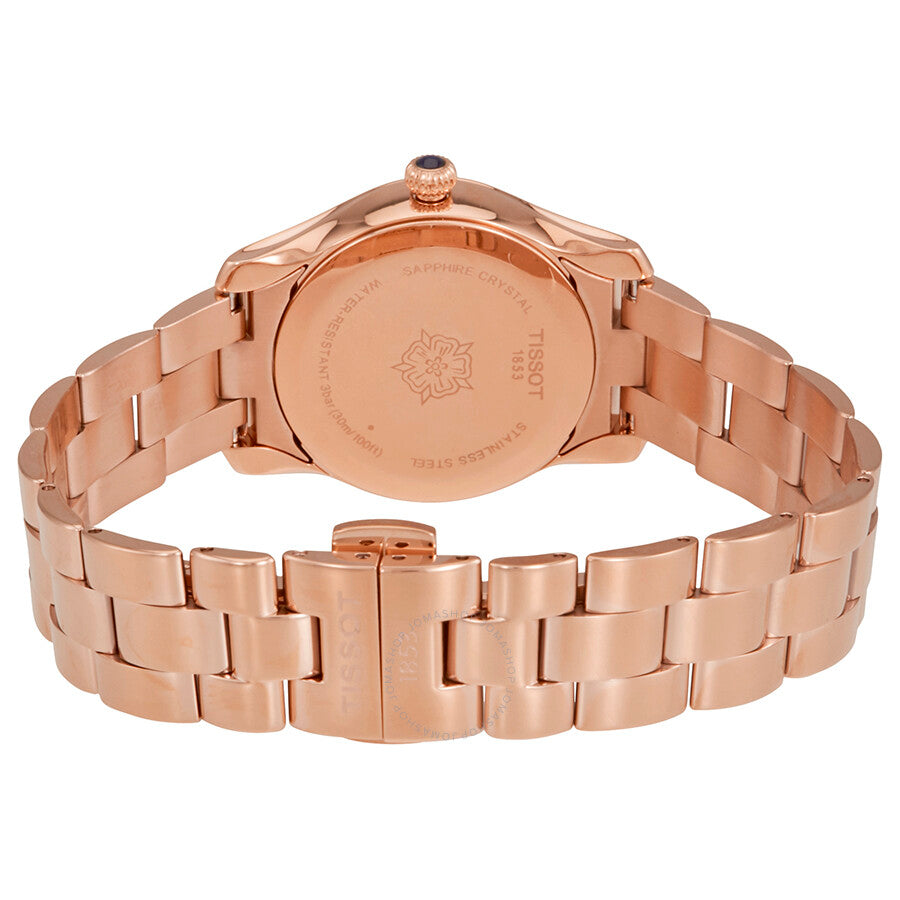 Caseback view of Tissot T-Wave ladies watch showing rose gold case and bracelet