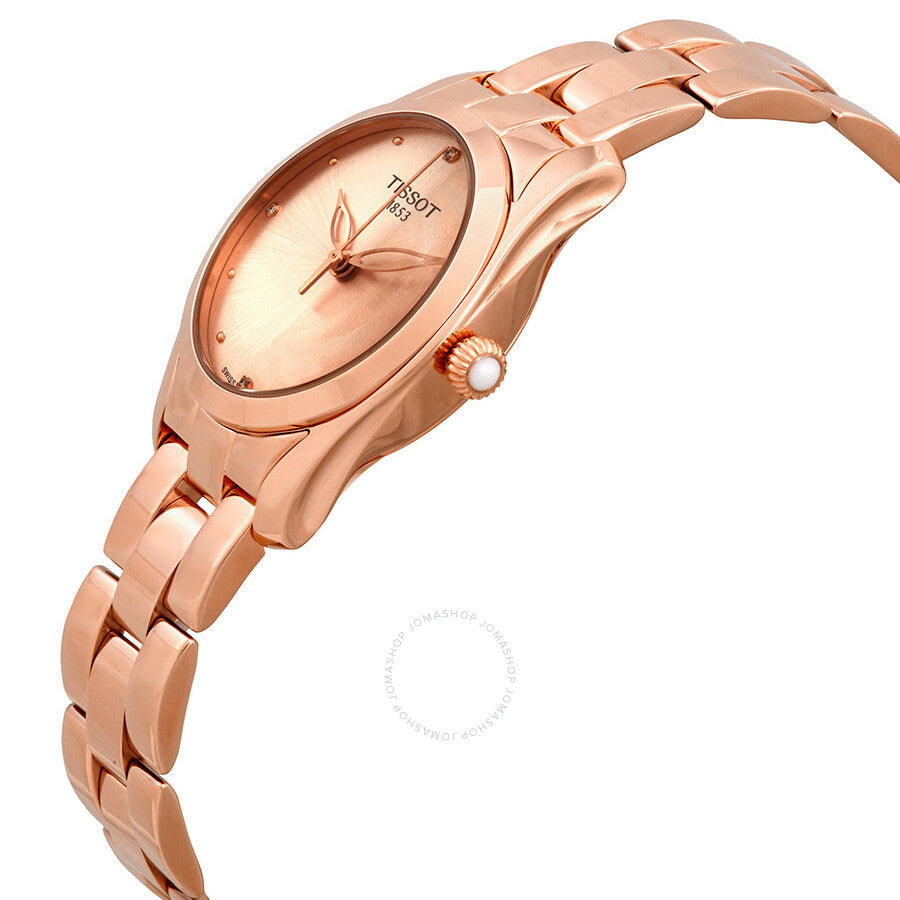 Tissot T-Wave rose gold watch displayed at angle, showing case and bracelet detail