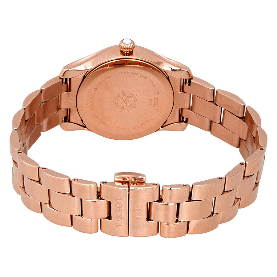 Tissot T-Wave caseback view showing rose gold case and articulated bracelet