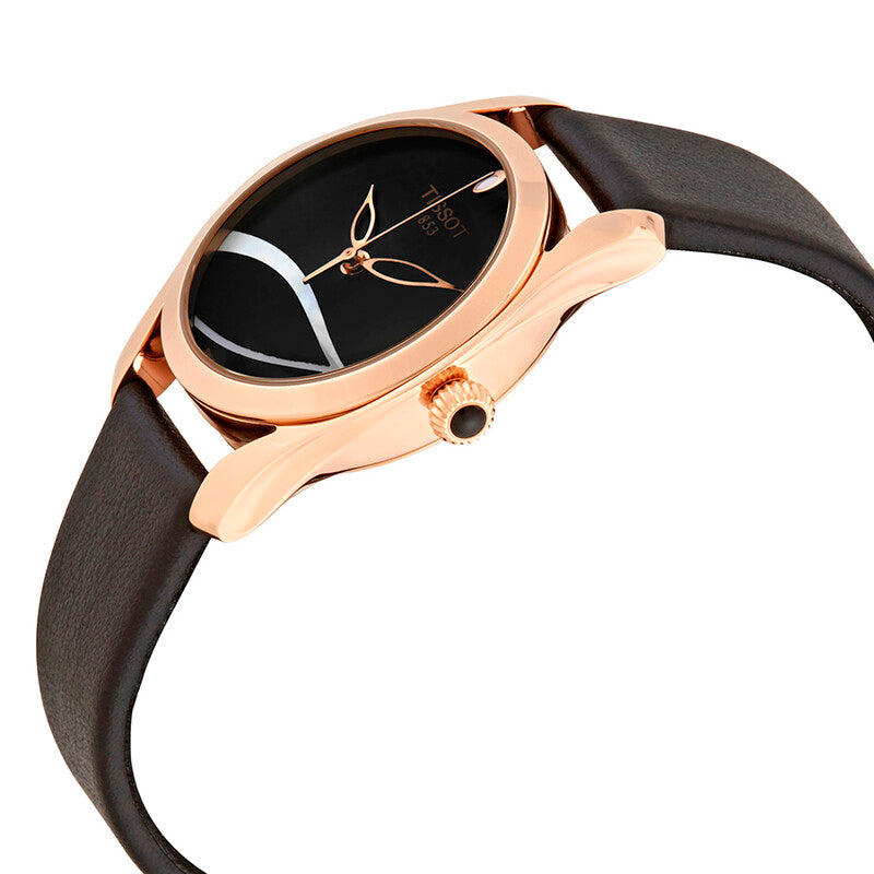 Angled side view of Tissot T-Wave watch showing rose gold case and black leather strap