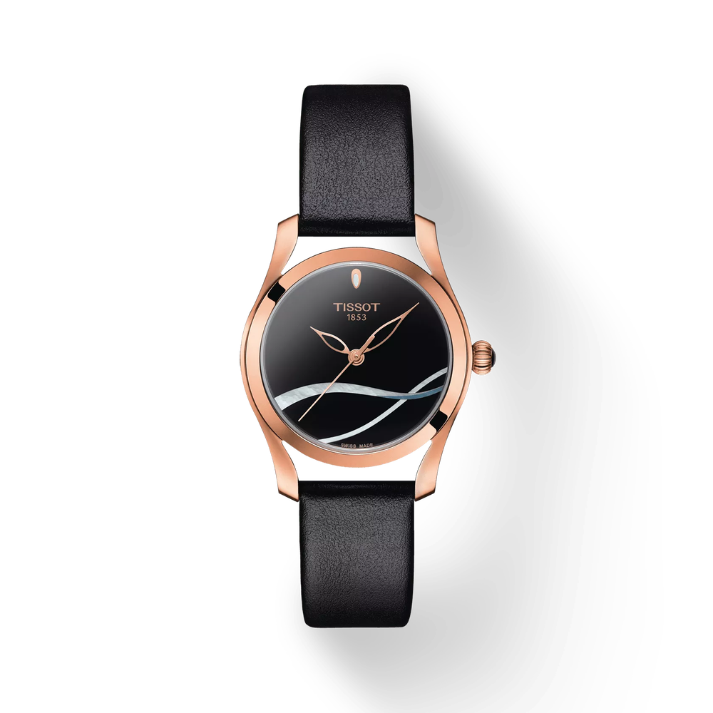 Tissot T-Wave ladies watch with rose gold case, black dial, and black leather strap