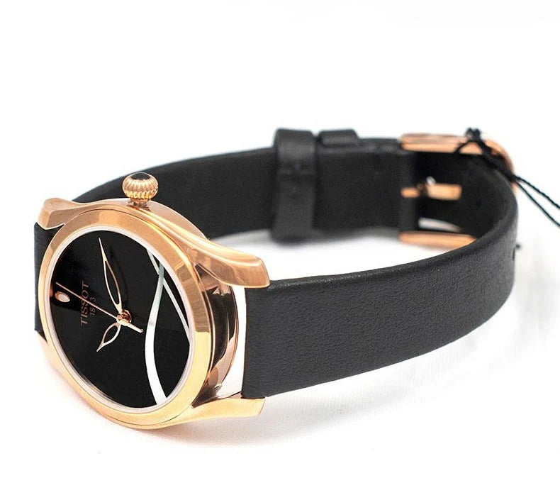 Tissot T-Wave ladies watch on wrist displaying black dial and rose gold case