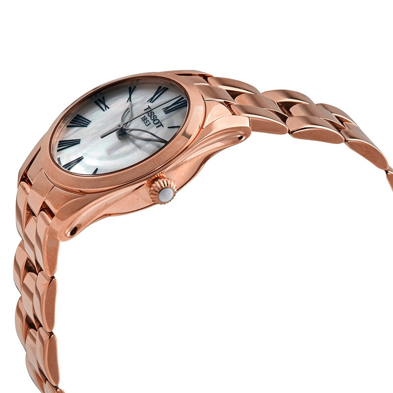 Tissot T-Wave watch shown at angle displaying rose gold case profile and white dial with Roman numerals