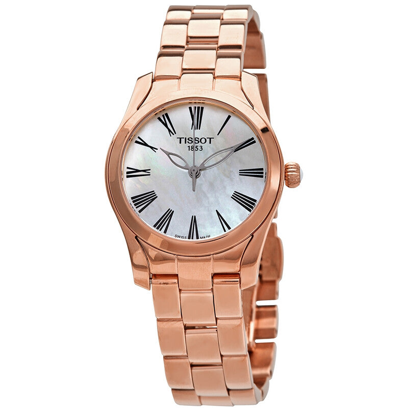 Tissot T-Wave ladies watch with white mother of pearl dial and rose gold case and bracelet