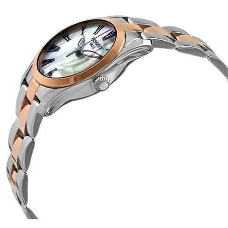 Tissot T-Wave watch angled view showing rose gold bezel and two-tone bracelet