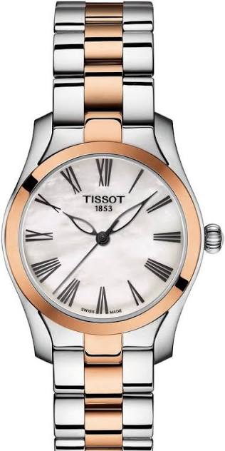 Tissot T-Wave women's watch with white mother-of-pearl dial and two-tone stainless steel bracelet