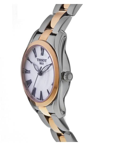 Tissot T-Wave watch side profile with rose gold bezel and crown detail