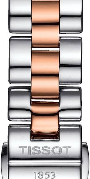 Tissot T-Wave bracelet detail showing alternating stainless steel and rose gold links