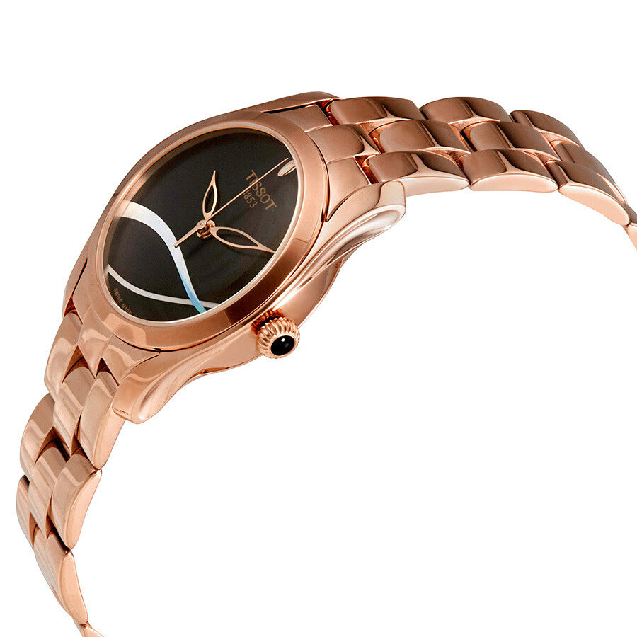 Tissot T-Wave watch at angle showing rose gold case, black dial with mother of pearl, and bracelet