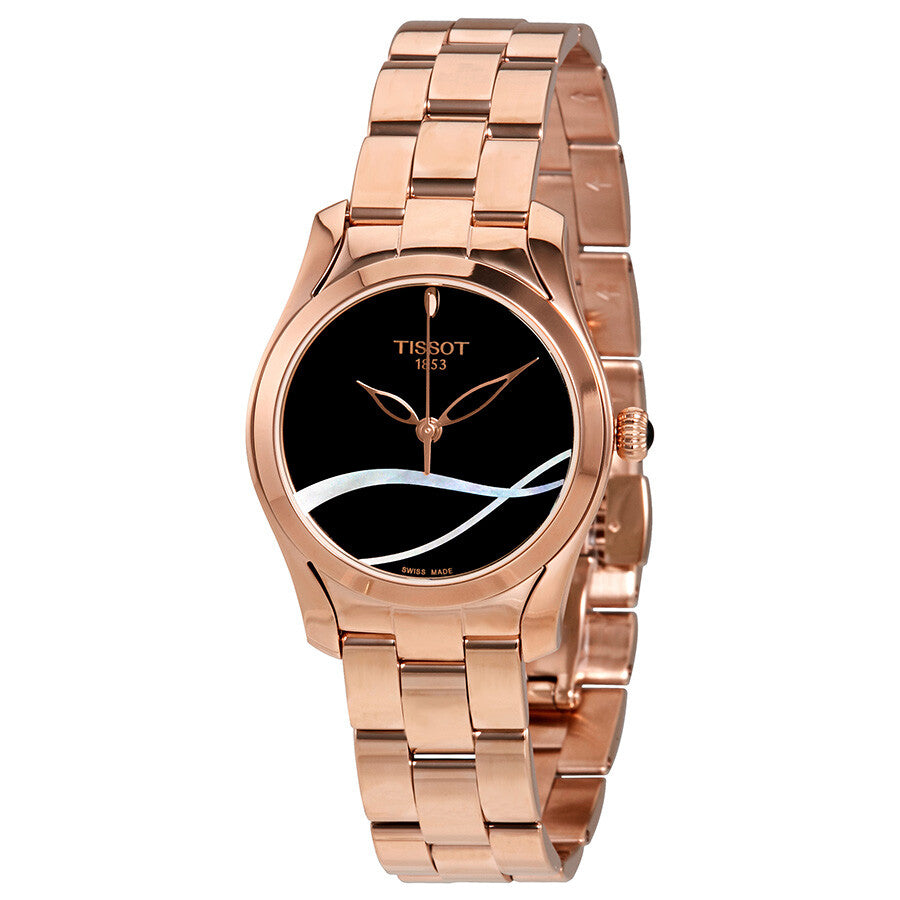 Tissot T-Wave ladies watch with black and white mother of pearl dial, rose gold-tone case and bracelet