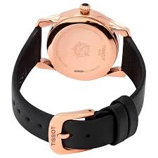 Tissot T-Wave rose gold caseback with black leather strap