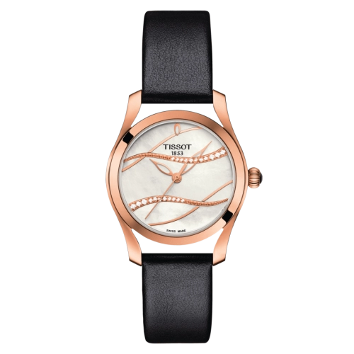 Tissot T-Wave rose gold ladies watch with MOP dial and diamond accents on black strap