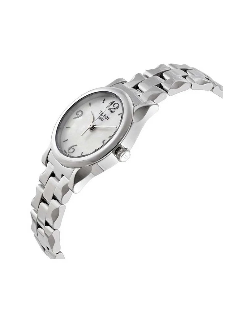 Tissot T028.210.11.037.00 women's watch displayed at angle showing silver case and bracelet