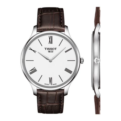 Tissot T Classic Tradition watch front and side profile with brown crocodile leather strap