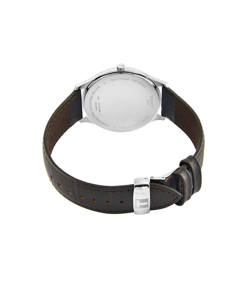 Stainless steel case back of Tissot T Classic Tradition watch with brown leather strap