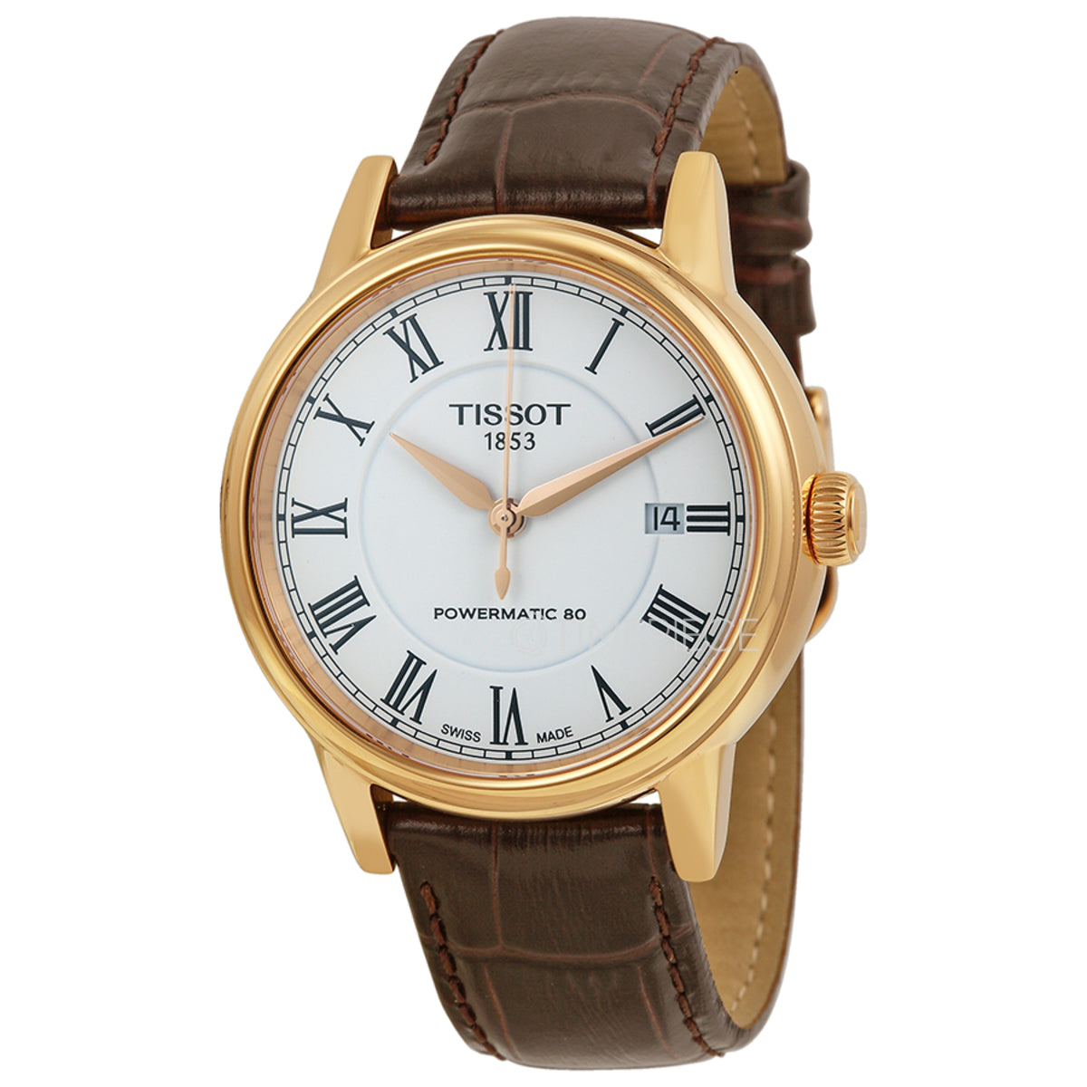 Tissot Carson Powermatic 80 automatic watch with rose gold case at three-quarter angle