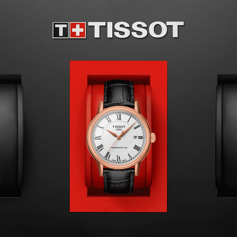 Tissot Carson watch in red branded presentation box with Tissot logo