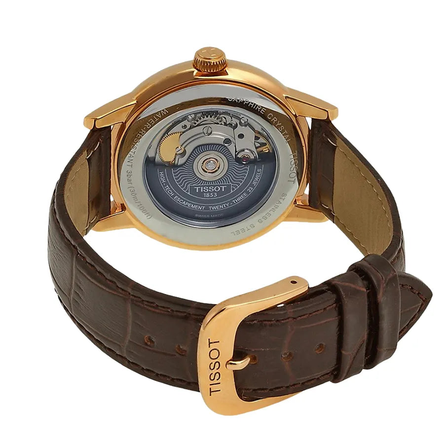 Tissot Carson Powermatic 80 automatic movement visible through transparent case back with leather strap