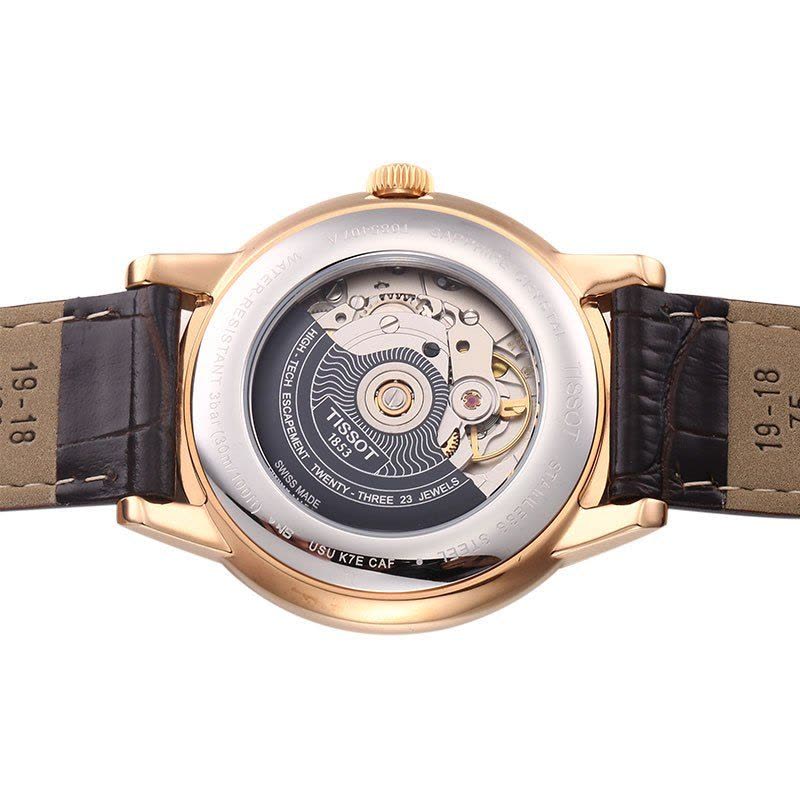 Tissot Carson caseback showing Powermatic 80 automatic movement and transparent exhibition display