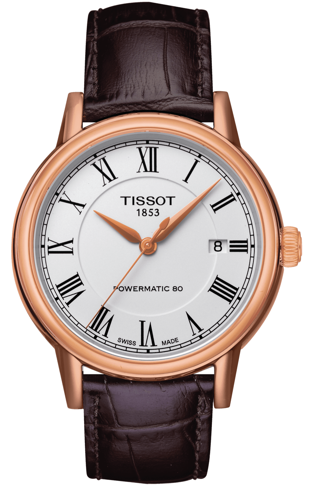 Tissot T-Classic Carson rose gold watch with white dial and Roman numerals on brown leather strap