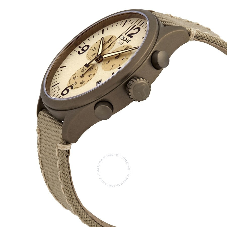 Tissot chronograph watch angled view showing beige dial and pushers on brown case