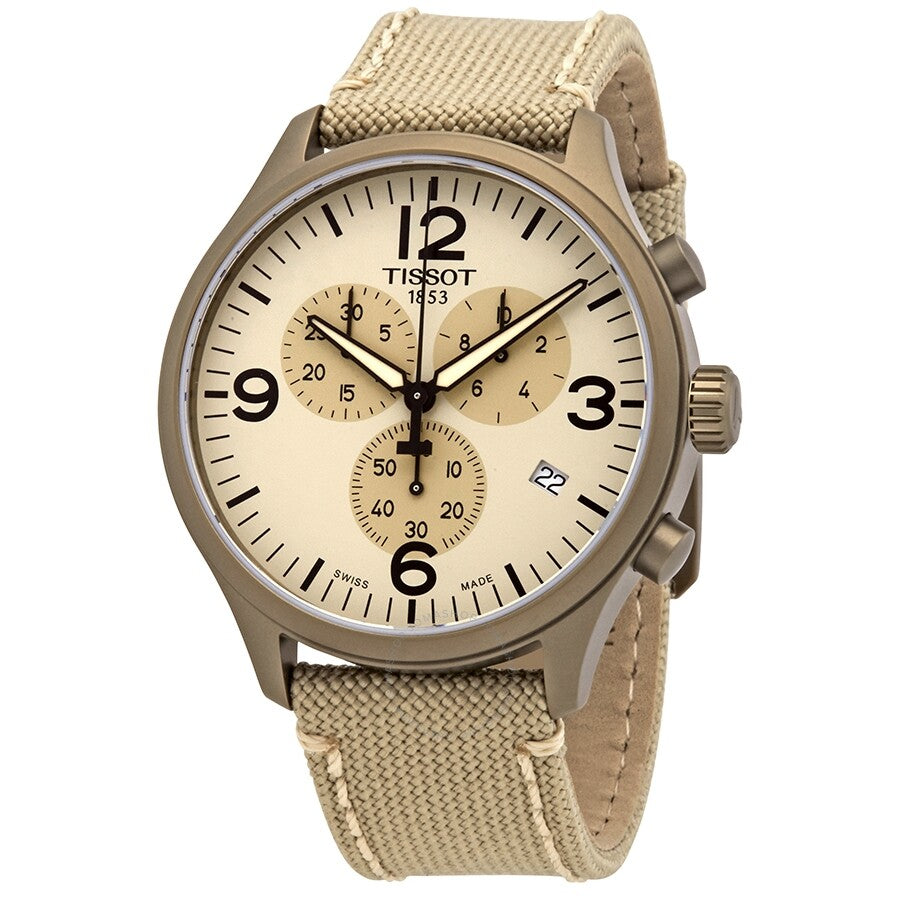 Tissot beige dial chronograph watch with round stainless steel case and beige fabric strap